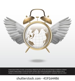 Time flies. alarm clock with wings and world map vector illustration.