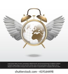 Time flies. alarm clock with wings and world map vector illustration.