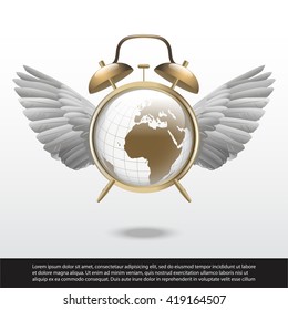 Time flies. alarm clock with wings and world map vector illustration.