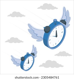 Time Flies Concept Cartoon of a Clock. an alarm clock with wings. two Clock with wings flying in sky. 3d minimal time reminder. schedule alert. time flies. an alarm clock with a wing. 3d illustration.