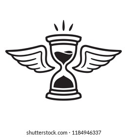 Time flies. Hourglass with wings drawing, spending time concept. Hand drawn vintage style vector illustration.