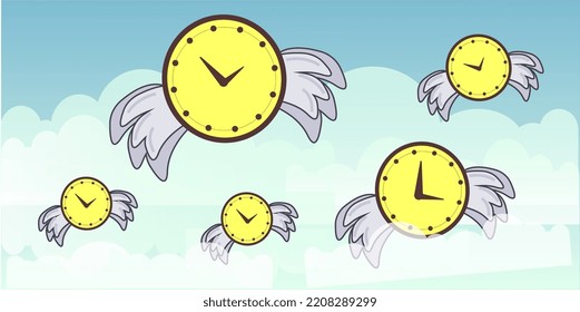 time flies sign label vector art illustration with fantastic font and nice yellow brown color. the wall clock is flying through the clouds. kid animation