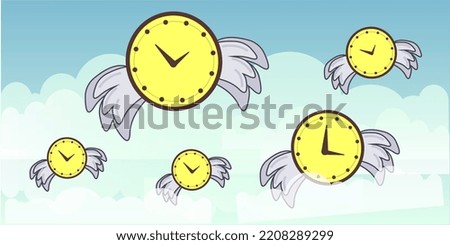 time flies sign label vector art illustration with fantastic font and nice yellow brown color. the wall clock is flying through the clouds. kid animation