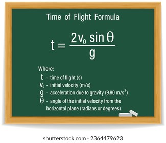 Time of Flight Formula on a green chalkboard. Education. Science. Formula. Vector illustration.