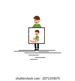 Zeitfluss. Illustration. Ein Mann und sein Baby Foto eines Sohnes.