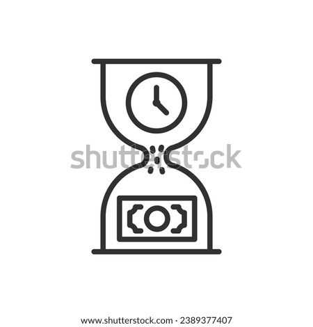 Time flows into money, linear icon. Hourglass and money. Financial income after time. Line with editable stroke