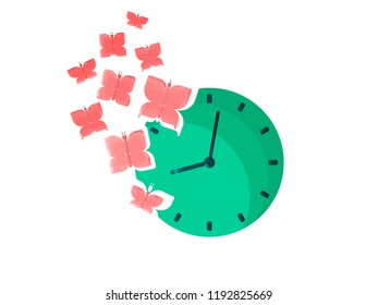 Time to fly. Green clock with pink flying butterflies. Flat vector illustration.