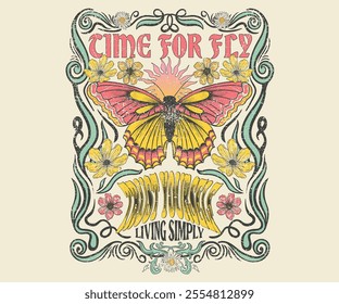 Time for fly. Fly your inner butterfly. Butterfly with flower artwork for t shirt print, poster, sticker, background and other uses. Spring flower. Self love club. Living simply.