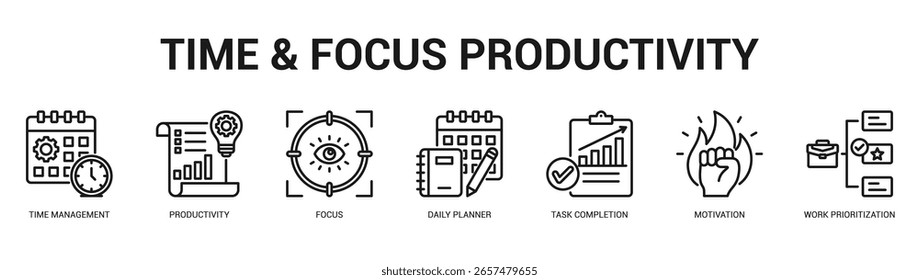 Time and Focus Productivity Moderne und saubere Web-Banner-Illustration mit thematischen Symbolen für visuelle Kommunikation