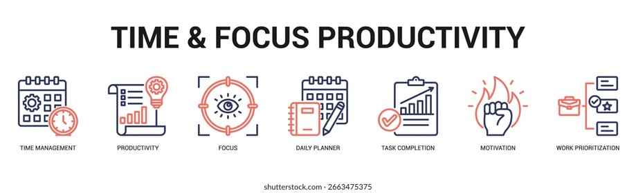 Tempo e foco Produtividade Moderna e limpa ilustração de banner da web com ícones temáticos para comunicação visual