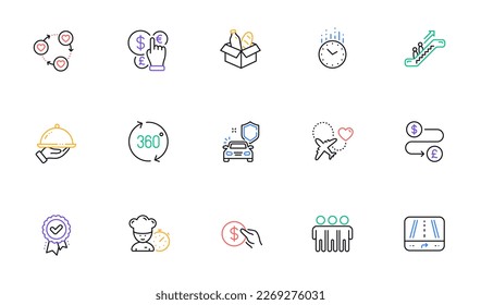 Time, Food donation and Approved award line icons for website, printing. Collection of Friends community, Payment, Escalator icons. Money currency, Money transfer, Chef web elements. Vector