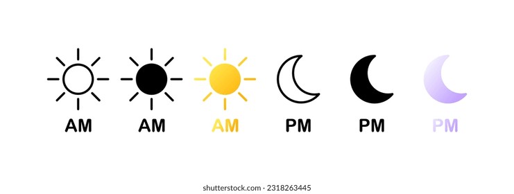 Zeitformat. Verschiedene Stile, Farbe, 12-stündiges Zeitformat, Uhrzeitformat. Vektorsymbole.