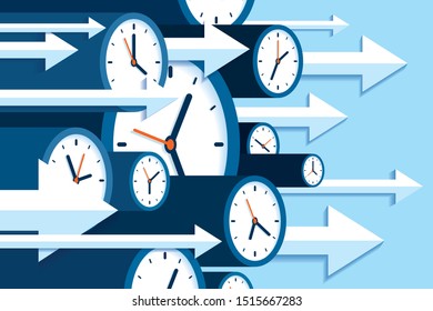 Time forward. 3d Clock icons in flat style, right arrows, timers on blue background. Time management. More watch and pointers. Business vector illustration for you presentation