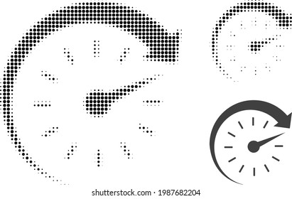 Time forward halftone dotted icon. Halftone pattern contains round pixels. Vector illustration of time forward icon on a white background.