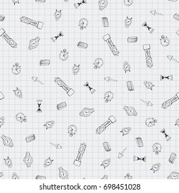 Time freehand drawings seamless pattern. Clocks pattern in doodle style. Hand drawn elements doodles design for wallpapers, wrapping, backgrounds. Vector illustration. Clock, hourglass, stopwatch.