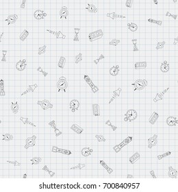 Time freehand drawings seamless pattern. Clocks pattern in doodle style. Hand drawn elements doodles design for wallpapers, wrapping, backgrounds. Vector illustration. Clock, hourglass, stopwatch.