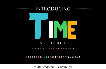 Time Funky colorful cartoon font type. Vector alphabet