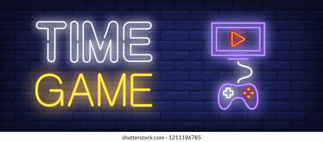 Time game neon text with joystick and monitor. Computer games and entertainment advertisement design. Night bright neon sign, colorful billboard, light banner. Vector illustration in neon style.