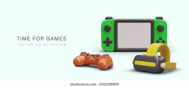 Zeit für Spiele. Computerzubehör, Steuerungen, Gamepads verschiedener Art. Unterhaltung in virtueller Realität. Vektorbanner mit 3D-Illustration, Ort für Text