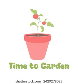 Tiempo para el jardín. bandera de primavera o verano. ilustración vectorial plana. Cultivo de plantas de tomate en macetas