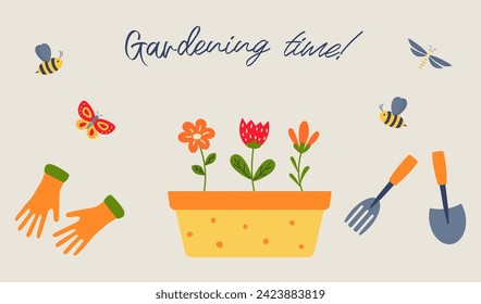 Time to gardening composition of flowers in a pot, gloves, rake, shovel vector isolated illustration. Hand drawn doodle set of Gardening