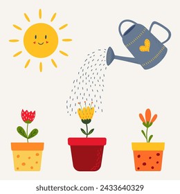 Tiempo a la composición de jardinería de flores en maceta, regadera, vector solar ilustración aislada. Conjunto de garabatos dibujados a mano de Jardinería