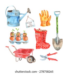 Time to gardening watercolor pictograms composition of watering pot and seedlings to plant abstract vector isolated illustration