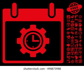 Time Gear Calendar Day icon with bonus calendar and time management pictures. Vector illustration style is flat iconic symbols, red, black background.