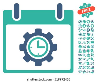 Time Gear Calendar Day icon with bonus setup tools pictures. Vector illustration style is flat iconic symbols, cobalt and cyan, white background.