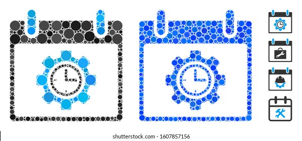 Time gear calendar day mosaic of small circles in different sizes and color hues, based on time gear calendar day icon. Vector random circles are organized into blue illustration.