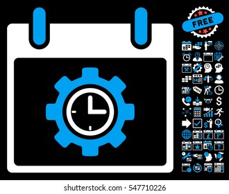 Time Gear Calendar Day pictograph with bonus calendar and time management pictures. Vector illustration style is flat iconic symbols, blue and white, black background.