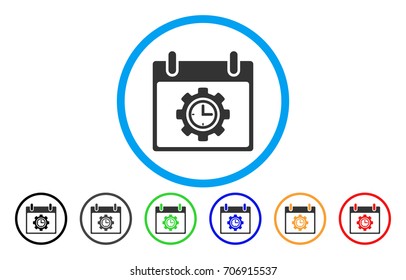 Time Gear Calendar Day vector rounded icon. Image style is a flat gray icon symbol inside a blue circle. Bonus color variants are gray, black, blue, green, red, orange.