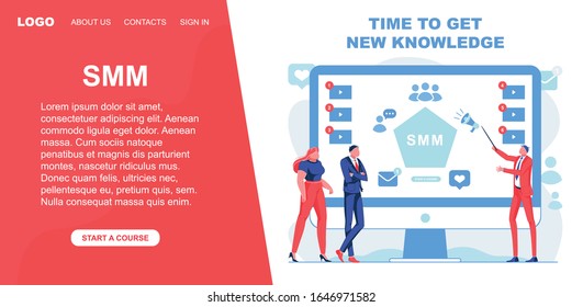 Time to Get New Knowledge about Smm, Vector Banner. Teacher with Pointer Talks about Marketing and Shows on Screen. In Presentation there Video Lessons, Information about Communication in Networks.