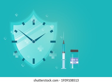 It's time to get vaccinated. The clock on the shield. Syringe and vaccine. Coronavirus vaccination concept