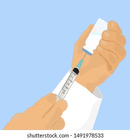 It's time to get vaccinated. Flat concept of a syringe with a vaccine. The doctor's hand holds a syringe. A medicine bottle. Isolated. Vector