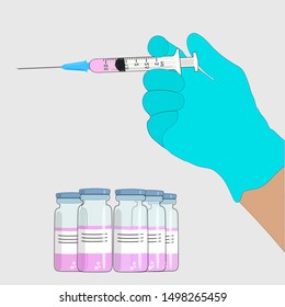 It's time to get vaccinated. Flat concept of a syringe with a vaccine. The doctor's hand holds a syringe. A medicine bottle. Isolated. Vector