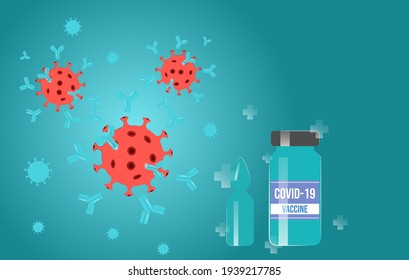 It's time to get vaccinated. Immunization campaign. Bottles with vaccine, virus and antibodies. Medical treatment. Flat vector illustration.