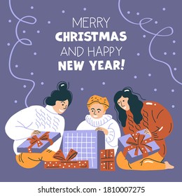 Time for gifts. People in winter clothes give gifts to their loved ones. friends exchange gifts. The parents gave the child a surprise. unpacking gifts at Christmas. Winter decoration in illustration
