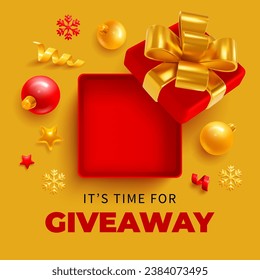 It is time for Giveaway, sale or win, conceptual advertising banner template. 3d realistic open gift box, top view, fir tree balls, snowflakes and tinsel on yellow background. Vector illustration