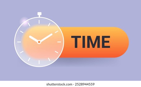 Botón de morfismo de vidrio de tiempo sobre fondo gris. Icono de Vector de gestión empresarial