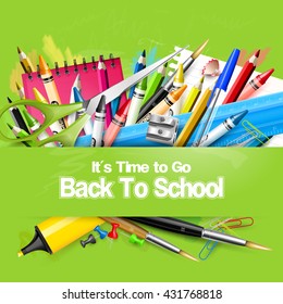 It's Time to Go Back to School. Back to school background with school supplies on green chalkboard.