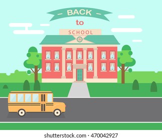 Time to go back school vector illustration background. Bus,  and school facade composition. Flat style design