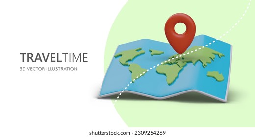 Time to go on trip. Embossed 3D world map in multiplicative style. Big red location marker. Advertising of modern vacations, trips. Horizontal banner on colored background with place for logo, slogan