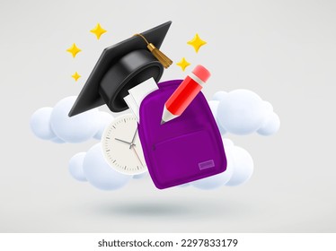 Time to go to school concept. Graduation cap, school bag, stationery and books. 3d vector illustration