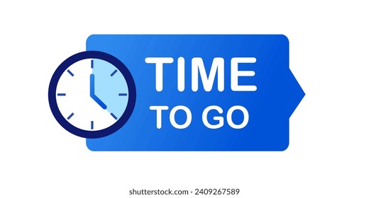 Time to go sign. Flat, blue, clock icon, time to go sign icon. Vector icon