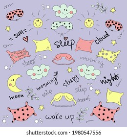 Zeit zum Schlafen bunter Element Set: Kissen, Schlafmasken, Mond, Sterne, Sonne, Wolken. Ideal für Scrapbooking, Grußkarte, Poster, Tag, Aufkleber Kit. Handgezeichnete Vektorgrafik.
