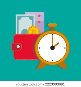 El tiempo pasa, el dinero fluye. El tiempo es dinero. Invierte dinero. Ilustración vectorial plana.