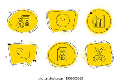 Time, Graph chart and Scissors signs. Chat bubbles. Finance calculator, Technical info and Speech bubble line icons set. Calculate money, Documentation, Chat message. Clock. Education set. Vector