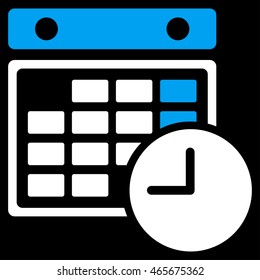 Time Grid vector icon. Style is bicolor flat symbol, blue and white colors, rounded angles, black background.