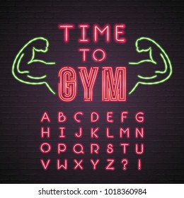 Time to Gym Neon Light Glowing with muscle Silhouette Neon Green and Red Light. Alphabet Set Neon Red Color Light